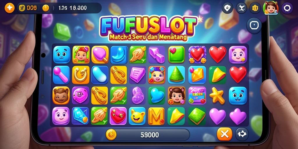 Tampilan menarik dari gameplay <strong>Match-3</strong> FUFUSLOT yang penuh warna.