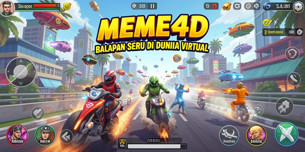 Screenshot gameplay MEME4D menunjukkan balapan yang mendebarkan di berbagai trek.