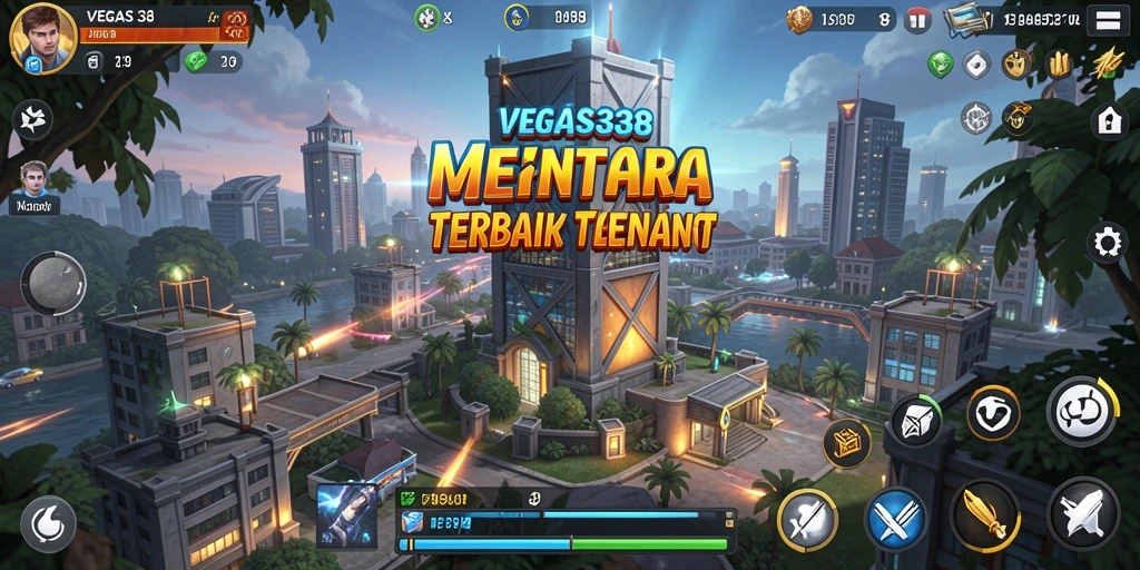 Tangkapan layar dari gameplay intens dalam VEGAS338, menunjukkan menara dan musuh yang menantang.